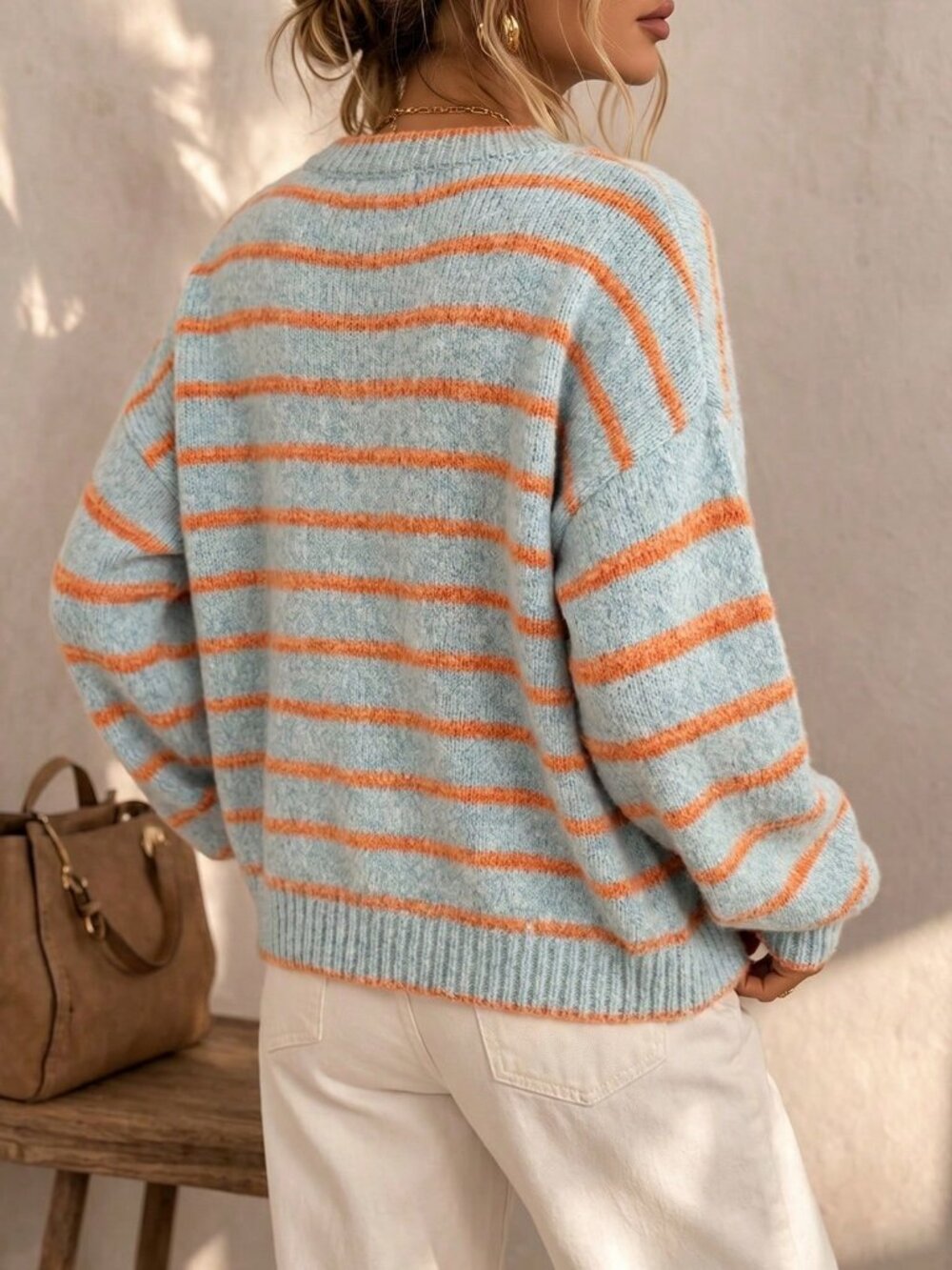 Baby Blue Casual Women's Contrast Color Striped Long Sleeve Knit Cardigan - Picture 2 of 6